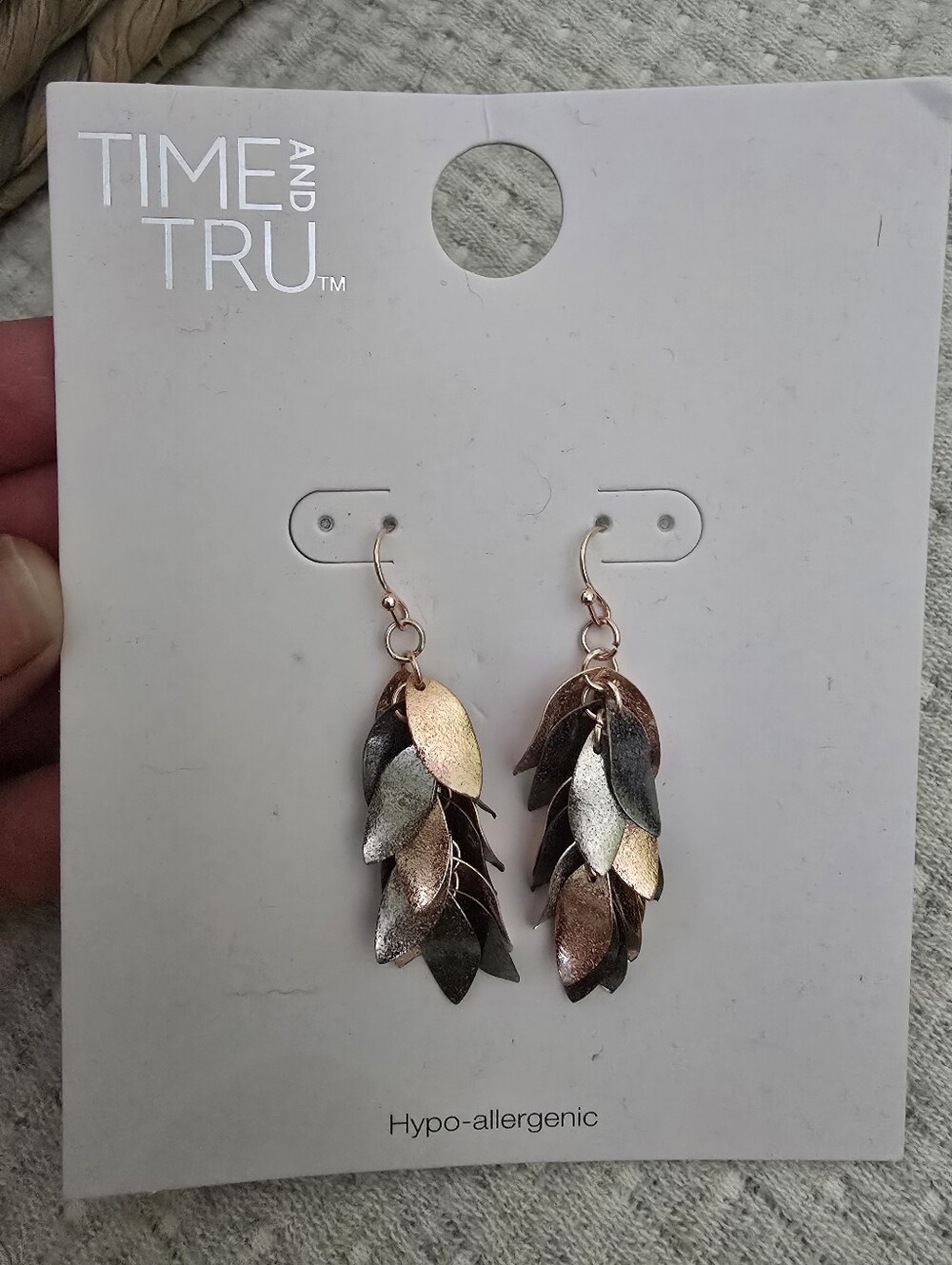 Time and Tru Multi-Tone Leaf Dangle Earrings - Rose, Silver, Bronze